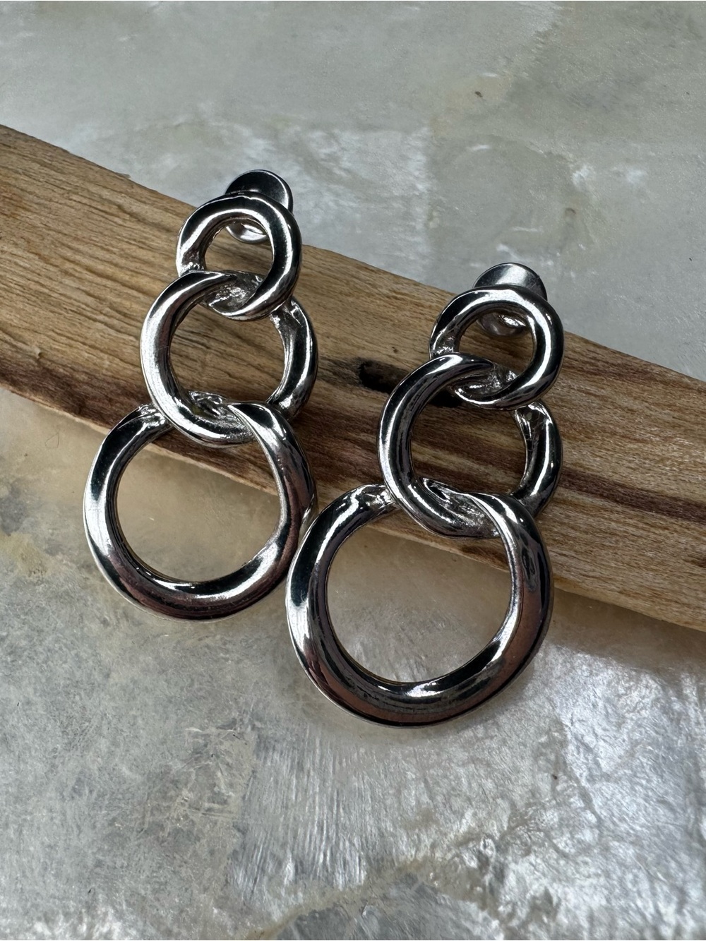 Chunky Silver Interlocking Hoop Drop Earrings Triple Link Dangle Studs Post